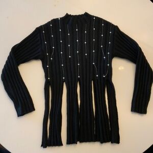 Zara Black Ribbed Knit Sweater with Pearl Detail | Mock Neck | Size M